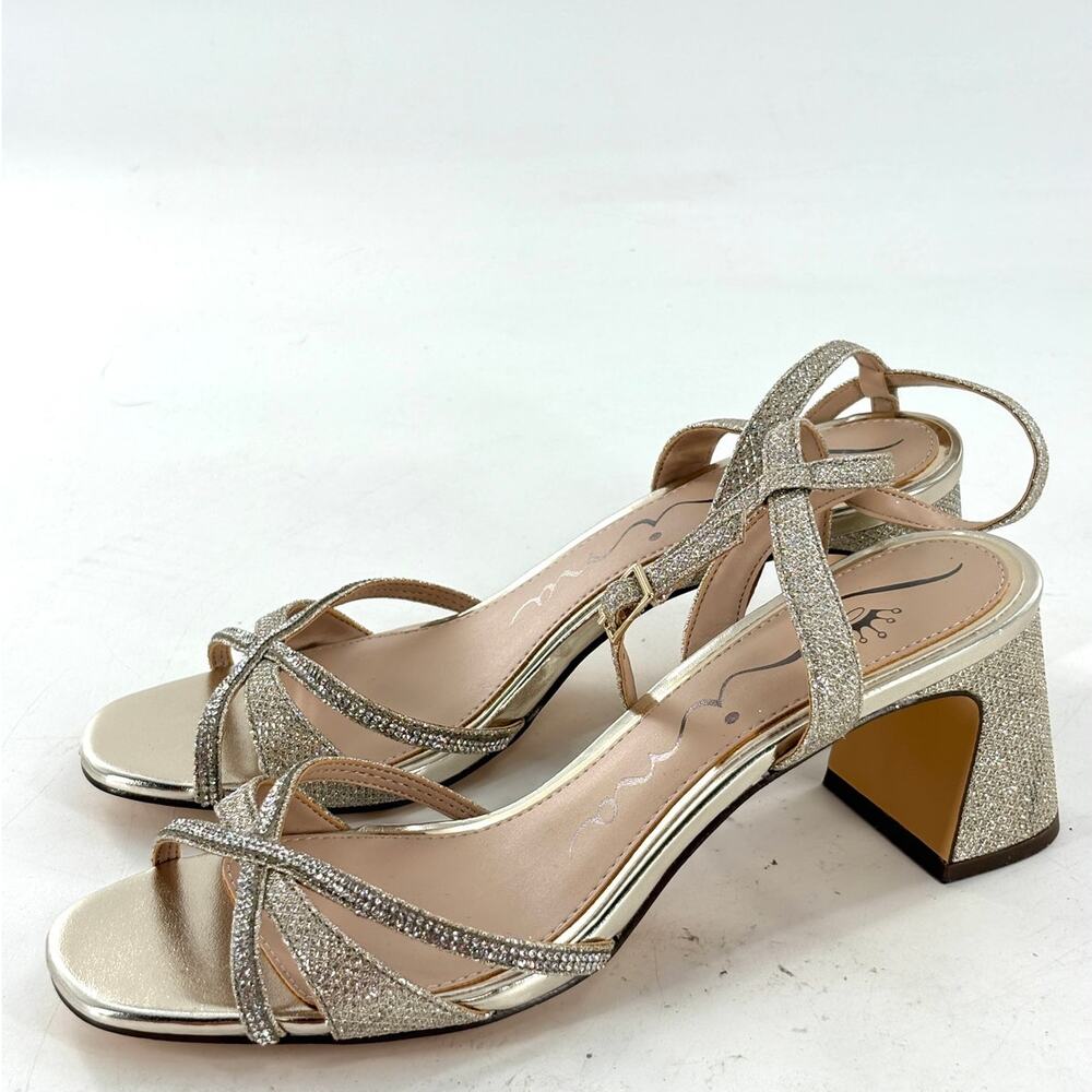 Nina Bracha Block Heel Sandals 9.5 NWOT Gold Glam Cocktail Shower Wedding